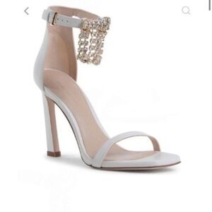 Stuart Weitzman Stiletto Heels Nudist Fringe Crystal White Calfskin
